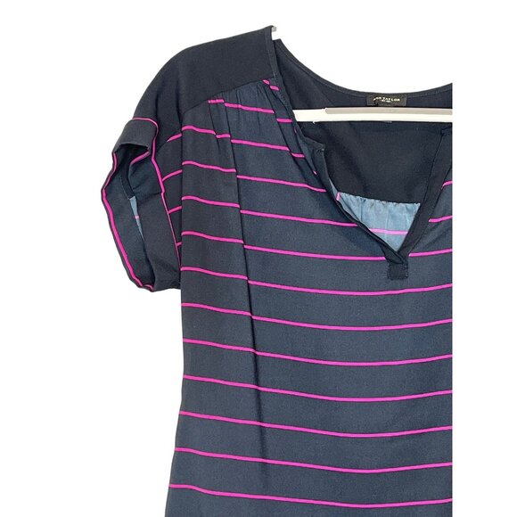 Ann Taylor Striped Blouse Size M Navy Pink Elastic Hem Cap Sleeve Top - Picture 5 of 12